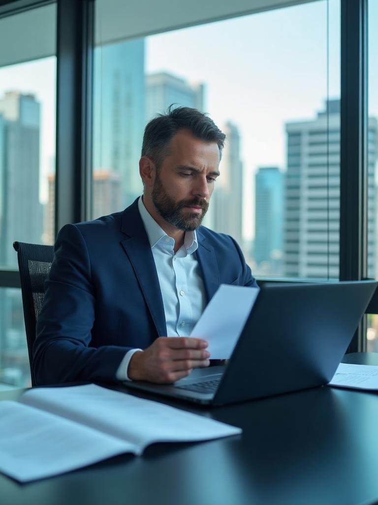 Bridging loan expert reviewing finance documents in Melbourne office