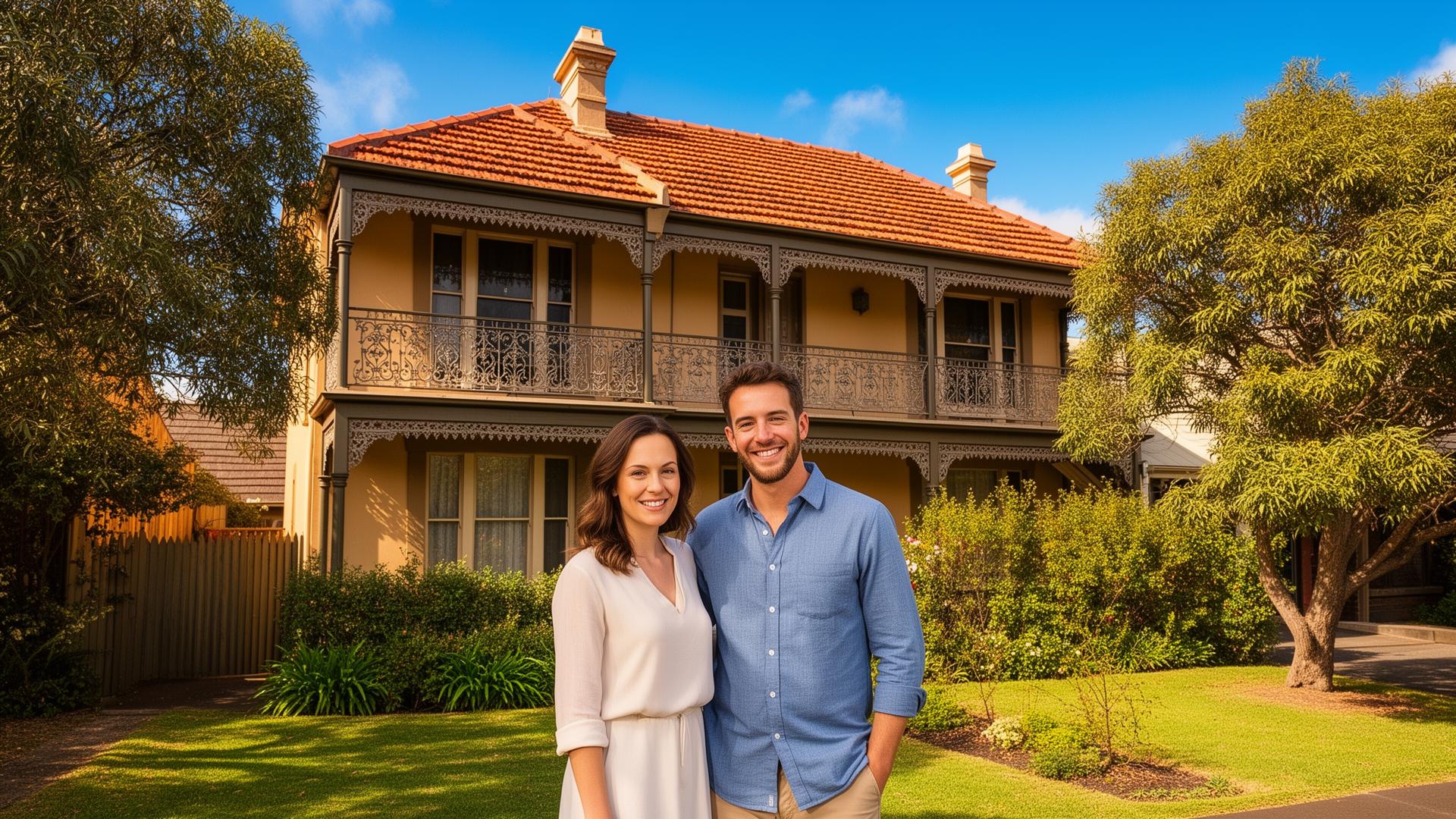 Happy couple in front of their new Melbourne home